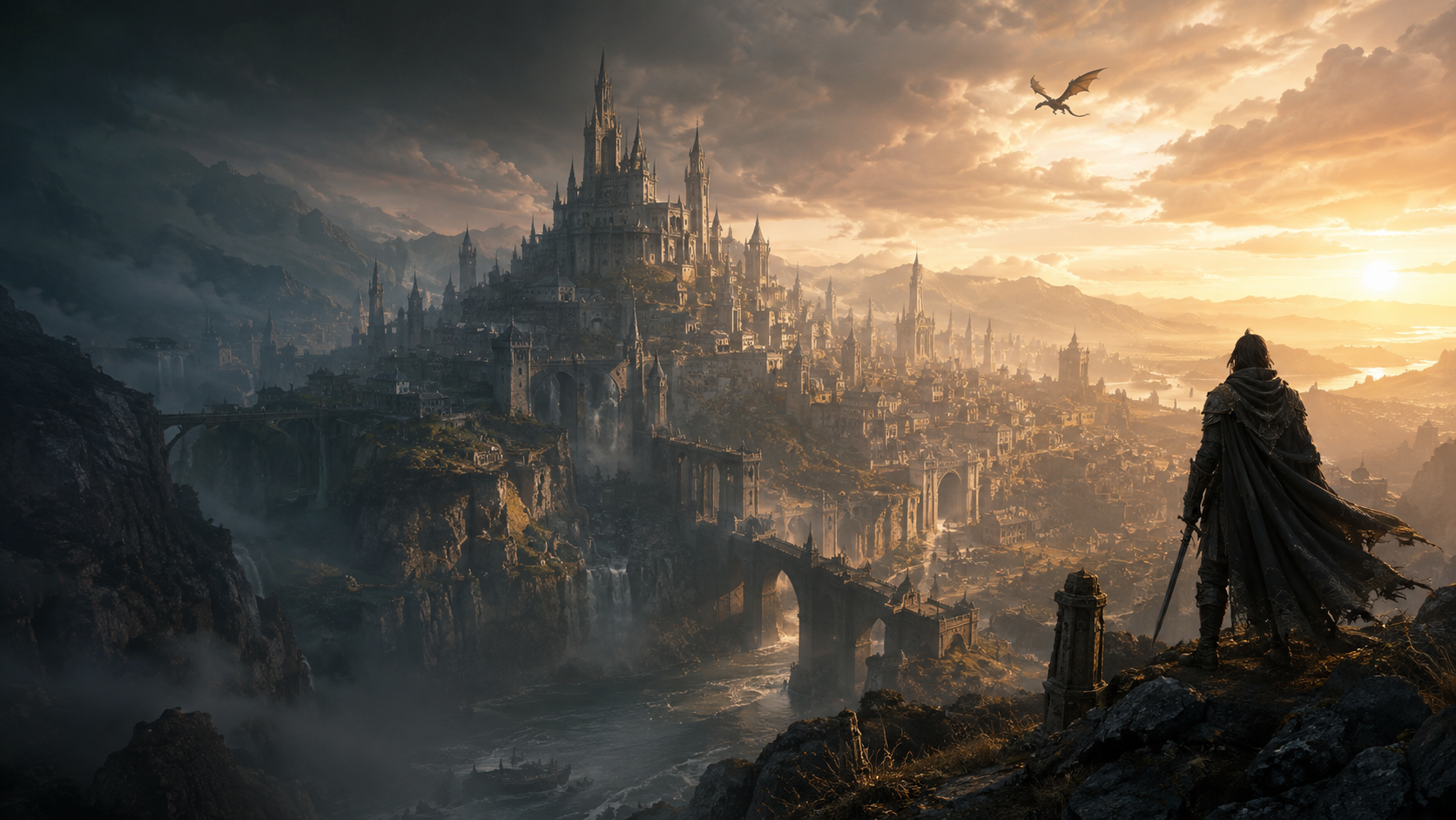 Concept artwork of a traveller overlooking an immense fantasy citadel at sunrise