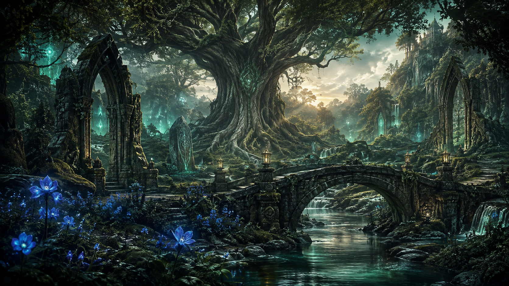 Concept artwork of an ancient forest sanctuary and stone bridge
